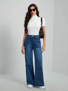 SHEIN Tall Camiseta básica de cuello alto de unicolor negro de manga corta para mujer - Blanco - Ver 4