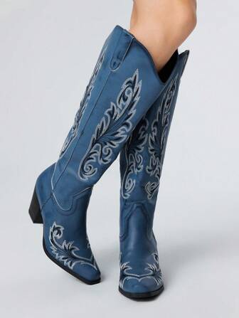 Fairycore Women's Pull-On Cowgirl Boots With Asymmetrical Distressed Details, Embroidery Western Boots, Outdoor Fashion Knee-High Riding Boots