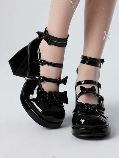 Kawaii Zapatos de tacón alto con plataforma y lazo tipo Mary Jane para mujer, tacón grueso, punta redonda, color negro
