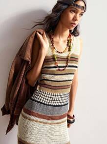 Bohemela Robe décontracté en tricot à col rond sans manches à rayures pour femme
