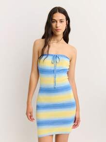 Nöista Striped Bodycon Mini Dress In Soft Knit With Blue And Butter Yellow Tones. Tie-Front Neckline-Perfect For Beach Outings, 4th Of July Fun, Or Summer Getaways!