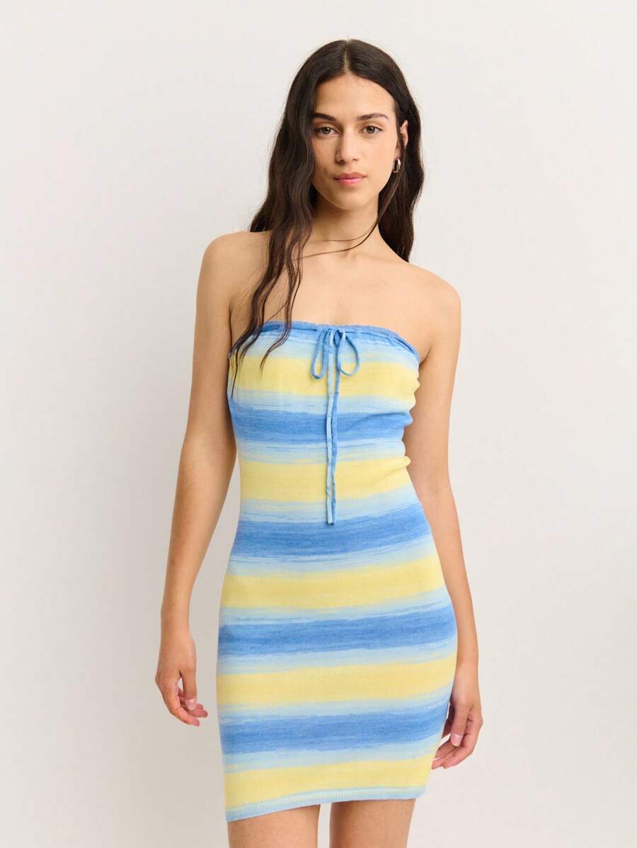 Nöista Striped Bodycon Mini Dress In Soft Knit With Blue And Butter Yellow Tones. Tie-Front Neckline-Perfect For Beach Outings, 4th Of July Fun, Or Summer Getaways!