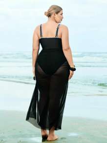 Swim Oasis Plus Size Women's Black One-Piece Swimsuit With Dual Straps & Ruffle Trim, Paired With Black Mesh Skirt, 2pcs Set For Beach Vacation For Summer