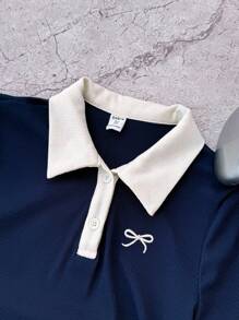 少女蓝白休闲个性撞色领罗纹针织纽扣修身连衣裙，夏季连衣裙，蝴蝶刺绣 - 藏蓝色 - 查看 3