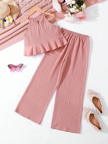 2pcs Tween Girls' Vacation Casual Solid Color Halter Top And Pants Set - Dusty Pink - View 2