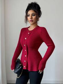 Elenzga Damen Neuer Herbst/Winter Rundhals Pullover mit Metallknopf Dekor, Rüschen-Saum, eleganter Slim Fit, vielseitig für Dates - Bordeaux - Übersicht 3
