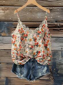 SHEIN VCAY 大码女式夏季休闲度假花卉印花撞色蕾丝吊带背心 - 杏色 - 查看 1