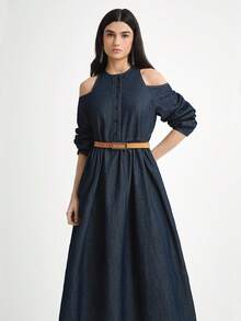 Daynim Women's Casual Vacation Lantern Sleeve Denim Dress