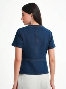 Daynim 女士休闲短袖圆领腰牛仔衬衫 - 中等水洗藍 - 查看 2