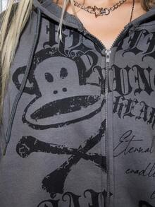 Paul Frank X ROMWE Casual Graphic Women Kpop Y2K Oversized Monkey Print Zip Up Hoodie - Grey - View 8