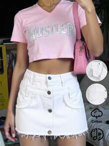 青少年女孩时尚双腰带纽扣设计白色牛仔短裤 - 白色 - 查看 1