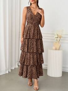 Ellevyn 女式 V 领收腰分层豹纹无袖蛋糕连衣裙，修身剪裁，优雅日常穿着，春夏秋 - 彩色 - 查看 10