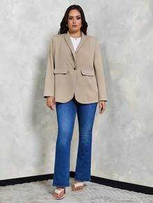 SHEIN Tall CURVE 秋冬新品 灰绿色 女式束腰纽扣西装外套 - 卡其色 - 查看 6