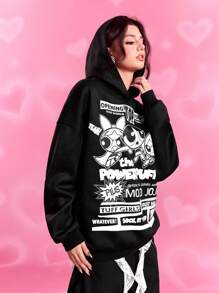 THE POWERPUFF GIRLS X SHEIN 女士时尚美式街头风格卡通字母印花落肩宽松连帽衫 - 黑色 - 查看 7