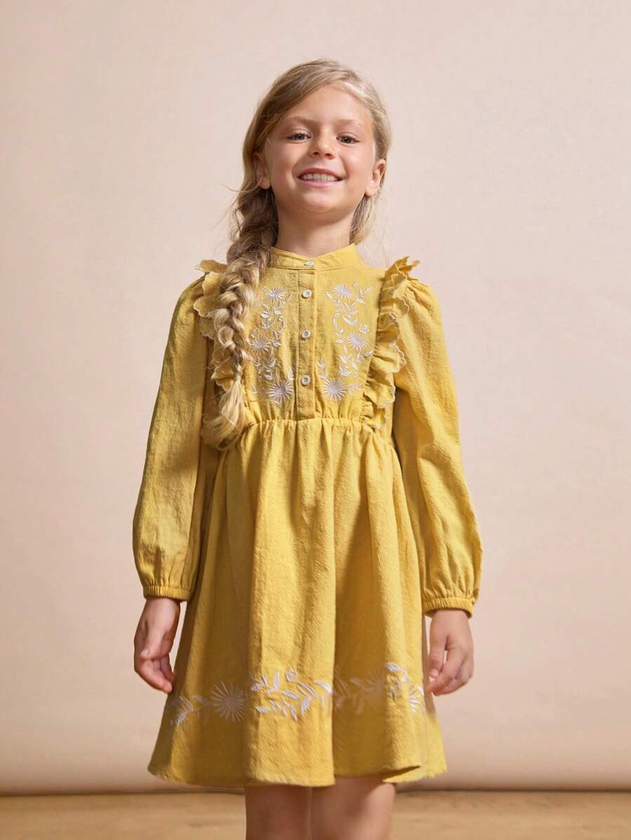 Maija Kids Maija Kids Vestidos de manga larga con ribete de Ruffle bordado para niñas jóvenes
