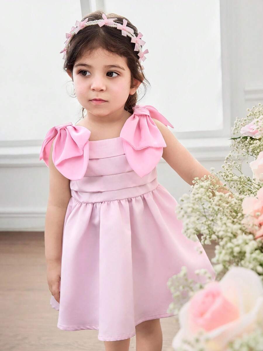 Elegantes Sommerkleid für Mädchen mit süßem Farbblockdesign und Satin-Schleifenverzierung - Pink - Übersicht 1