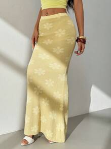 SHEIN PETITE Falda amarilla casual de punto con textura floral para mujer - Amarillo - Ver 4