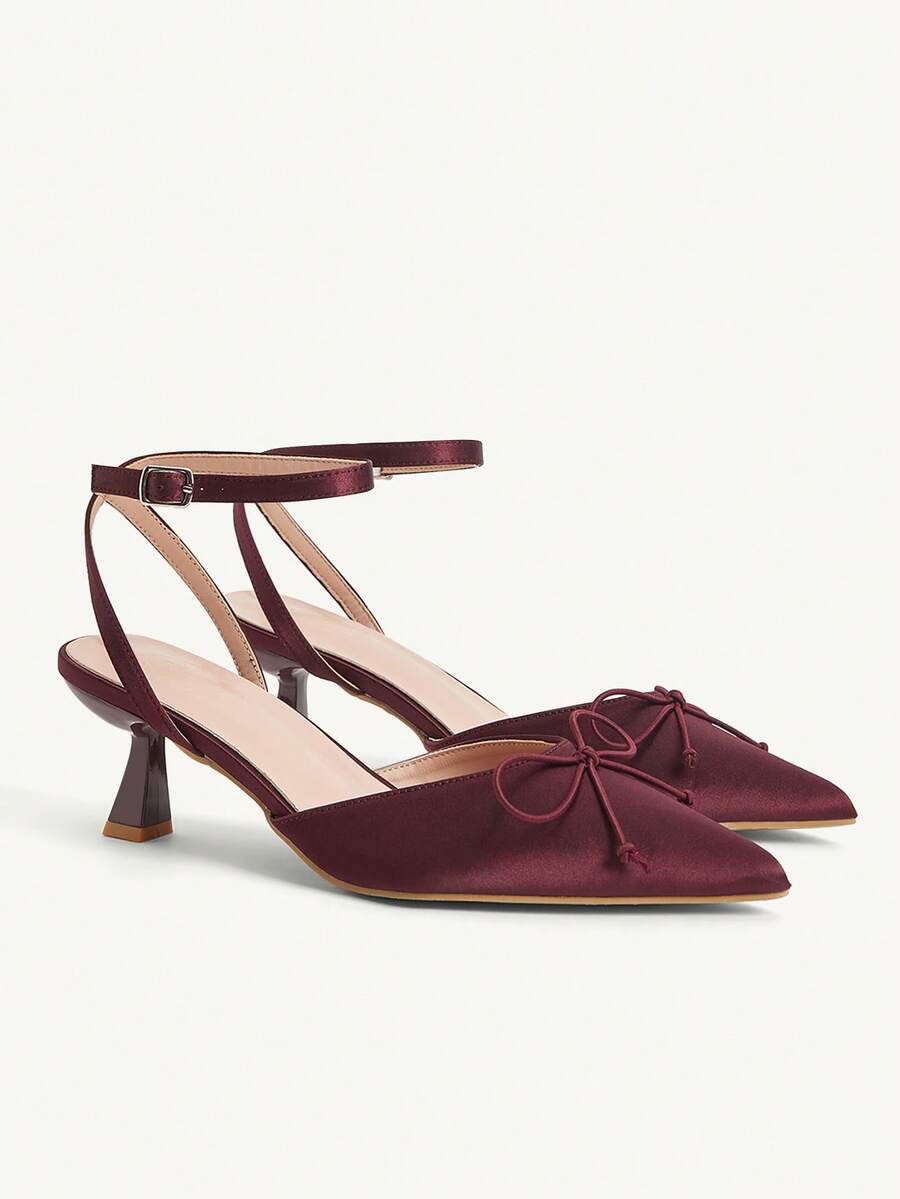 CUCCOO CHICEST 女士尖头缎带蝴蝶结细高跟中跟鞋，舒适浪漫优雅甜美浅粉色正装鞋，适合约会、下午茶、办公室、花园派对 - 中紫紅色 - 查看 1