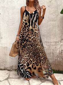EMERY ROSE Women Leopard Print Sleeveless Dress, Casual Vacation Dress Maxi Vacation Beach Outfit - Brown - View 4
