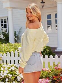 WESTFADE 奶油黄色水洗法式毛圈布不对称领口蝴蝶结刺绣袖口荷叶边下摆短款运动衫秋季乡村音乐会 - 黃色 - 查看 2