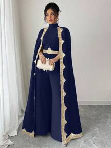 Chiquease 女士优雅亮片缎带装饰连体裤，适合大学派对穿着 - 藏蓝色 - 查看 3