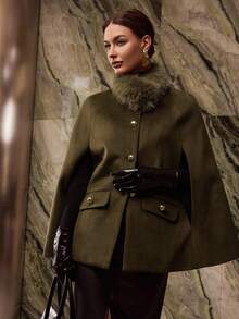 MOTF PREMIUM CONTRAST FAUX FUR BUTTON UP OVERCOAT - Olive Green - View 2