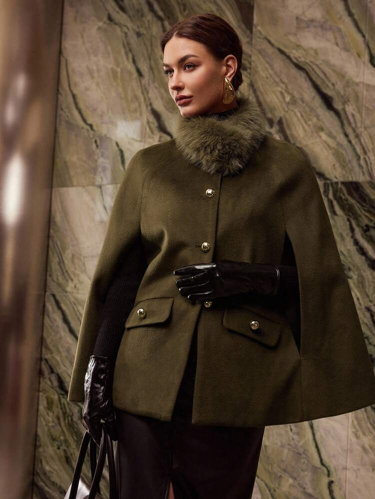 CONTRAST FAUX FUR BUTTON UP OVERCOAT