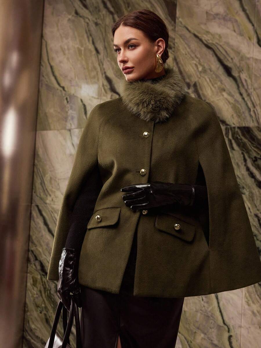 MOTF PREMIUM CONTRAST FAUX FUR BUTTON UP OVERCOAT