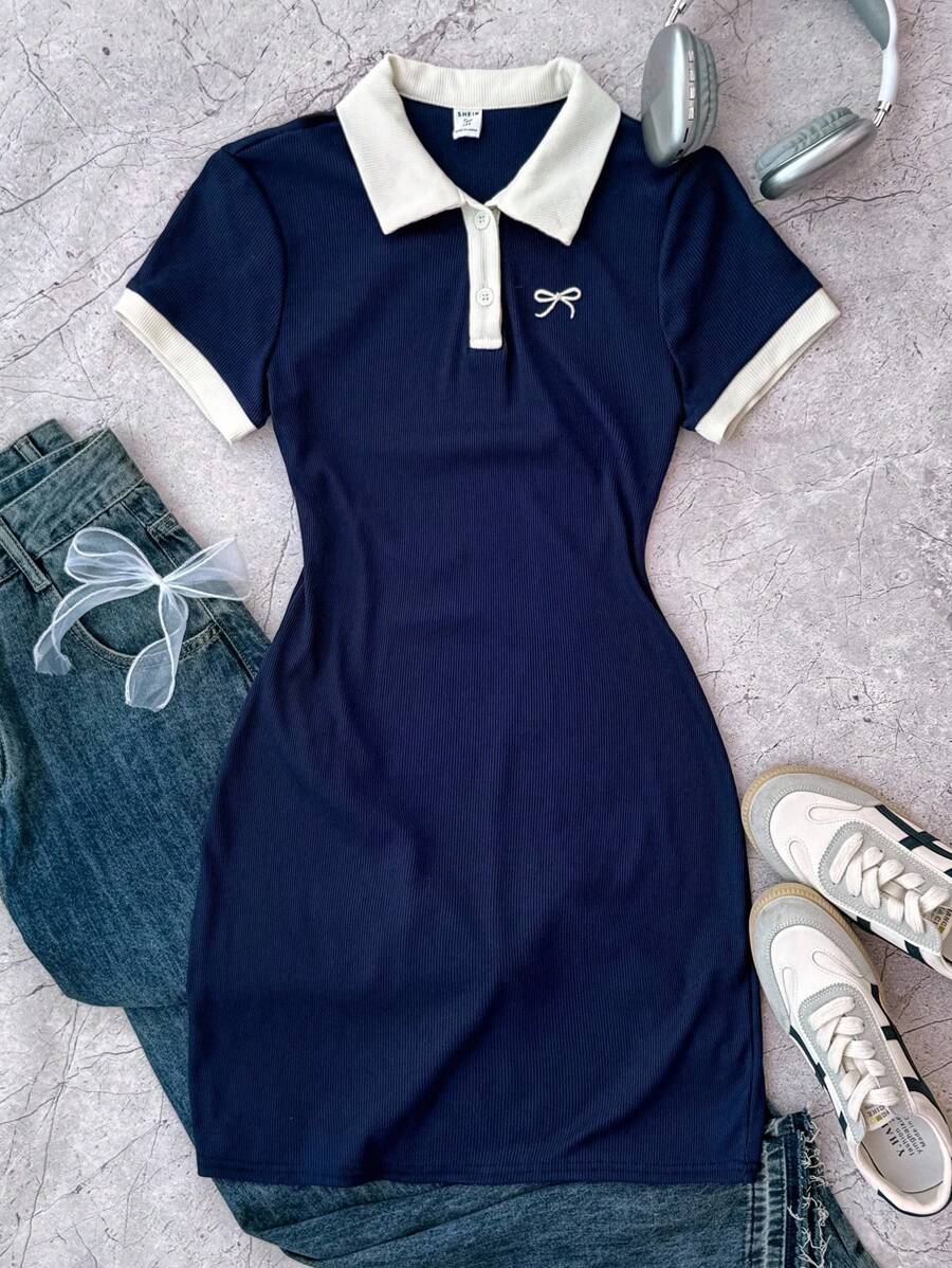 少女蓝白休闲个性撞色领罗纹针织纽扣修身连衣裙，夏季连衣裙，蝴蝶刺绣 - 藏蓝色 - 查看 1