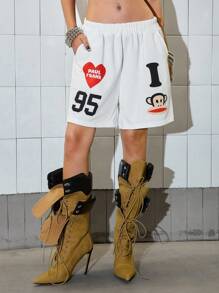 Paul Frank X ROMWE 女士休闲字母和猴子印花松紧腰短裤，夏季 - 白色 - 查看 9