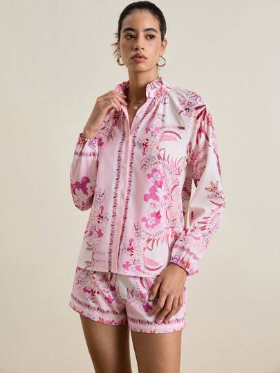 Airaco 女式花卉印花衬衫和短裤两件套度假休闲套装