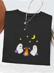 INAWLY Áo thun thêu hình ma dễ thương nhiều màu sắc thoải mái, quà tặng ngoài trời theo mùa đáng sợ, áo thun thêu Halloween cổ điển dành cho nữ - màu đen - Xem 3