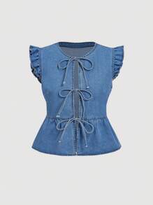 SHEIN MOD Áo sơ mi denim thường ngày có chi tiết nơ cho nữ - Màu xanh lam - Xem 1