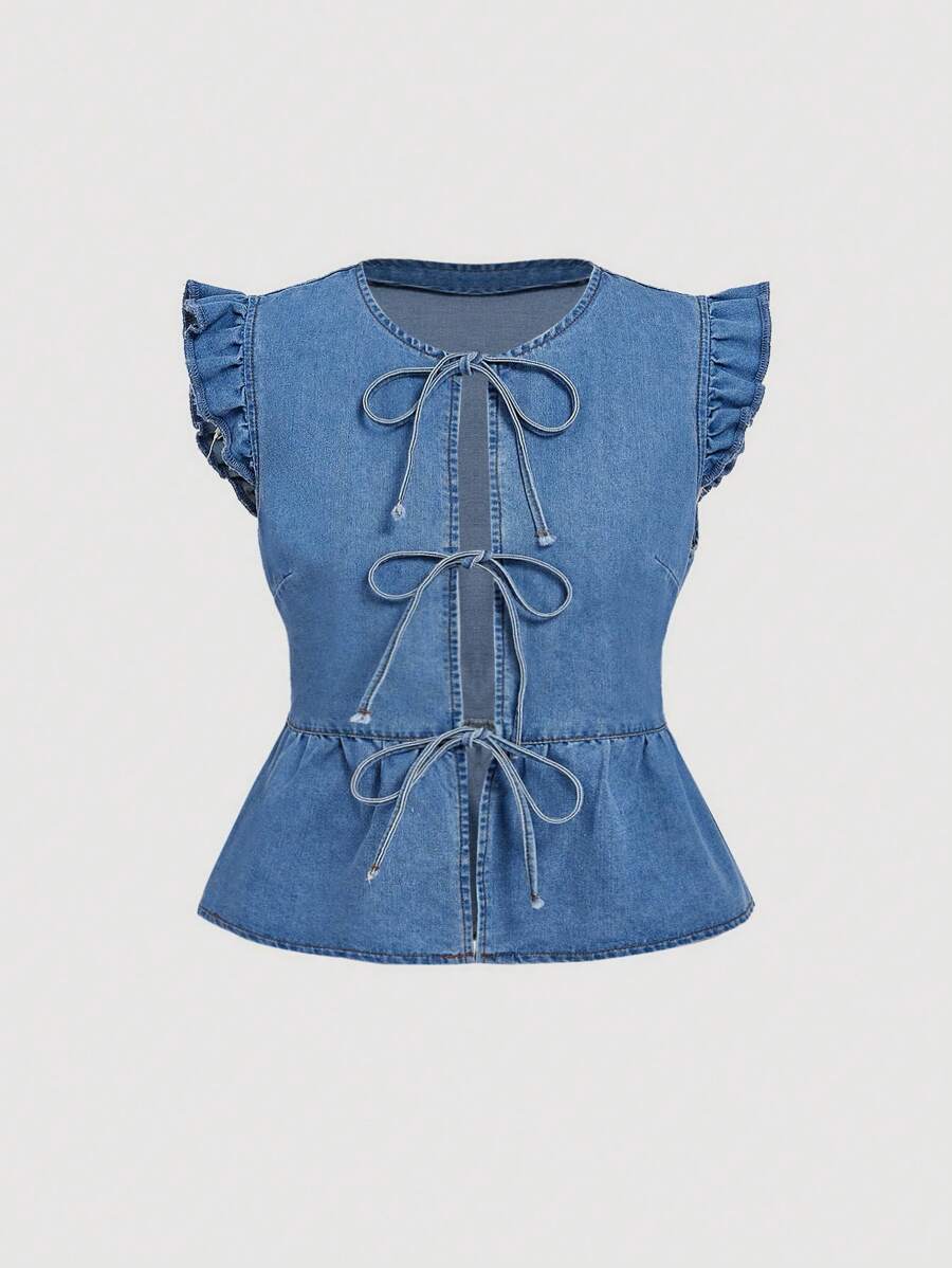 SHEIN MOD Áo sơ mi denim thường ngày có chi tiết nơ cho nữ - Màu xanh lam - Xem 1