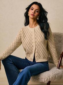 Poéselle Beige Crochet Knit Cardigan – Long Sleeve Hollow Out Button Down Sweater For Women,Crochet Cardigan Women,Knit Cardigan Sweater,Button Down Cardigan,Beige Knit Cardigan,Lightweight Cardigan,Boho Cardigan Women, Knitted Cardigan For Women In Fall/Winter - Apricot - View 4