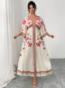 Modelyn 大码女式梭织度假花卉印花 V 领修身 A 字连衣裙，适合居家、外出、约会 - 彩色 - 查看 4