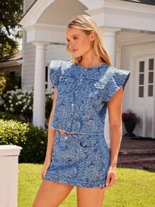 WESTFADE Tonal Summer Floral Denim Crewneck Button Front Ruffle Sleeve Frayed Hem Country Western Top - Light Wash - View 3