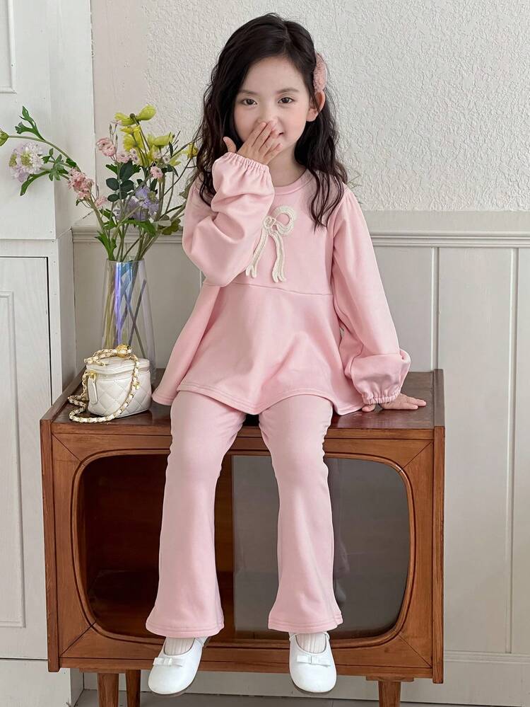 2pcs Young Girl Girls Knitted Fleece Crew Neck Butterfly Decor Puff Sleeve Sweatshirt + Pants Fashion Set, Fall,Winter