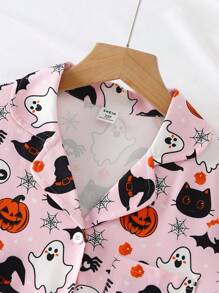 Set de pijama de 2 piezas con pantalón corto y estampado de calabaza y fantasma para niñas, retardante de llama - Multicolor - Ver 5