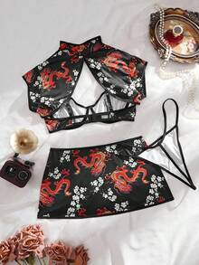 4件套性感印花钢圈聚拢镂空内衣套装