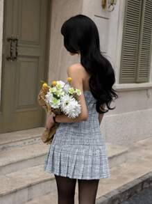 SHEIN Unity 法国复古黑白格子夏季新款无袖抹胸设计修身迷你连衣裙女 - 黑與白 - 查看 3