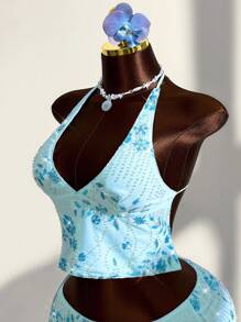 Amplova Bộ 2 món áo hở lưng buộc dây phía trước và chân váy ngắn in họa tiết hoa đính sequin và hạt cườm gợi cảm dành cho kỳ nghỉ bãi biển dành cho nữ cỡ lớn - Màu xanh lam - Xem 5