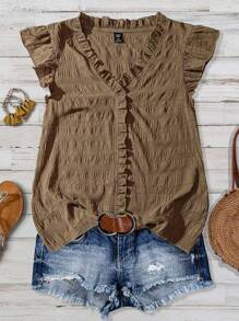 Linhara Plus Size Women's Solid Color Textured V-Neck Ruffle Trim Puff Sleeve Fitted Casual Regular Blouse - Khaki - View 4
