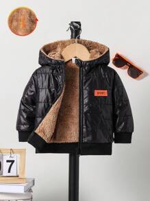 SHEIN Playful Pals 1件婴儿男童字母拼接细节泰迪绒内衬毛绒全拉链外套，冬季保暖外套，带口袋和帽子（6个月-3岁），适合户外、日常穿着、旅行，可爱男童秋冬服装，男童街头风冬季外套，男童冬季服装，男童套装，男童绗缝外套，男童冬季外套，男童外套，男童冬季大衣，男童冬季外套，男童黑色外套