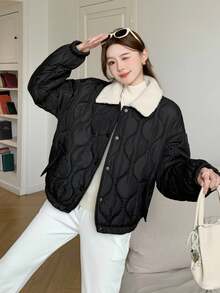 SHEIN Teen Girl Quilted Long Sleeve Single-Breasted Casual Turndown Collar Winter Jacket