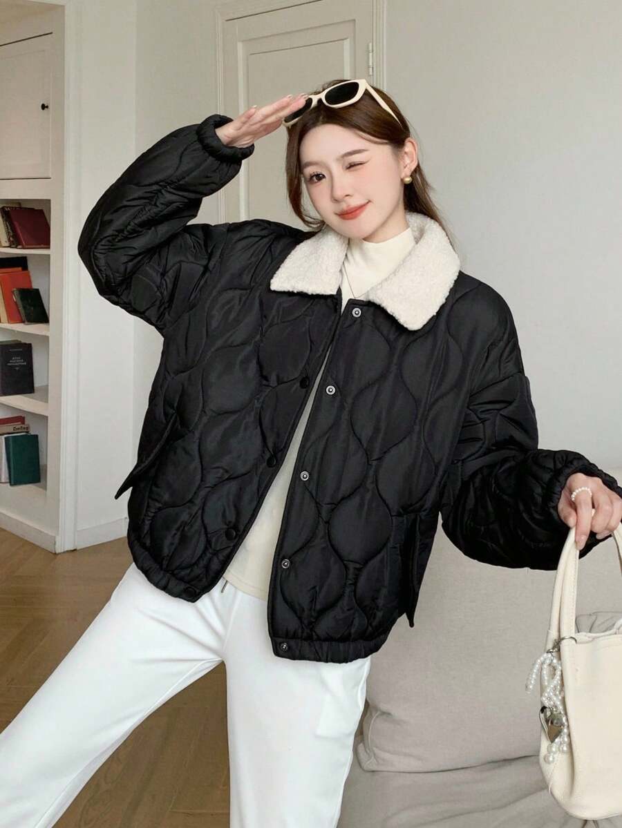 SHEIN Teen Girl Quilted Long Sleeve Single-Breasted Casual Turndown Collar Winter Jacket