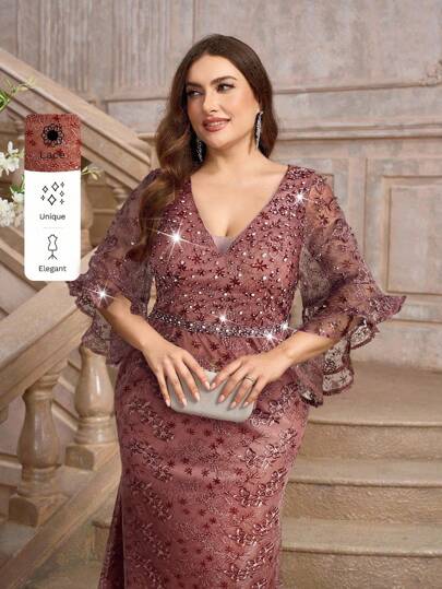 Glamrae 加大码莲花粉色串珠水钻装饰荷叶边袖蕾丝美人鱼礼服，优雅适合晚宴、宴会、情人节等场合