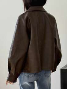 DAZY 秋季新款宽松休闲返校PU皮夹克女式外套 - 棕色 - 查看 3
