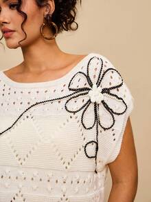 Travachic Gilet sans manches en tricot à motif floral et lignes pour femmes grandes tailles, convient pour l'été et l'automne - Beige - Voir 3