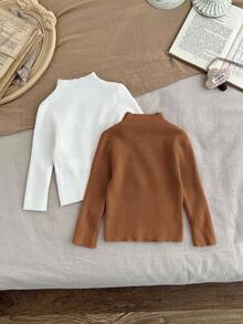 SHEIN LMoss Kids LMoss 多件装女婴高领长袖修身套头衫 - 棕色 - 查看 2